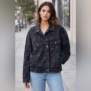 Women’s Black Denim Jacket with Red cherry Embroidery